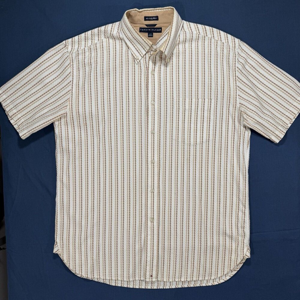 Tommy Hilfiger shirt Mens Size Large 80's 2 Ply Fabric  Short Sleeve Button Up
